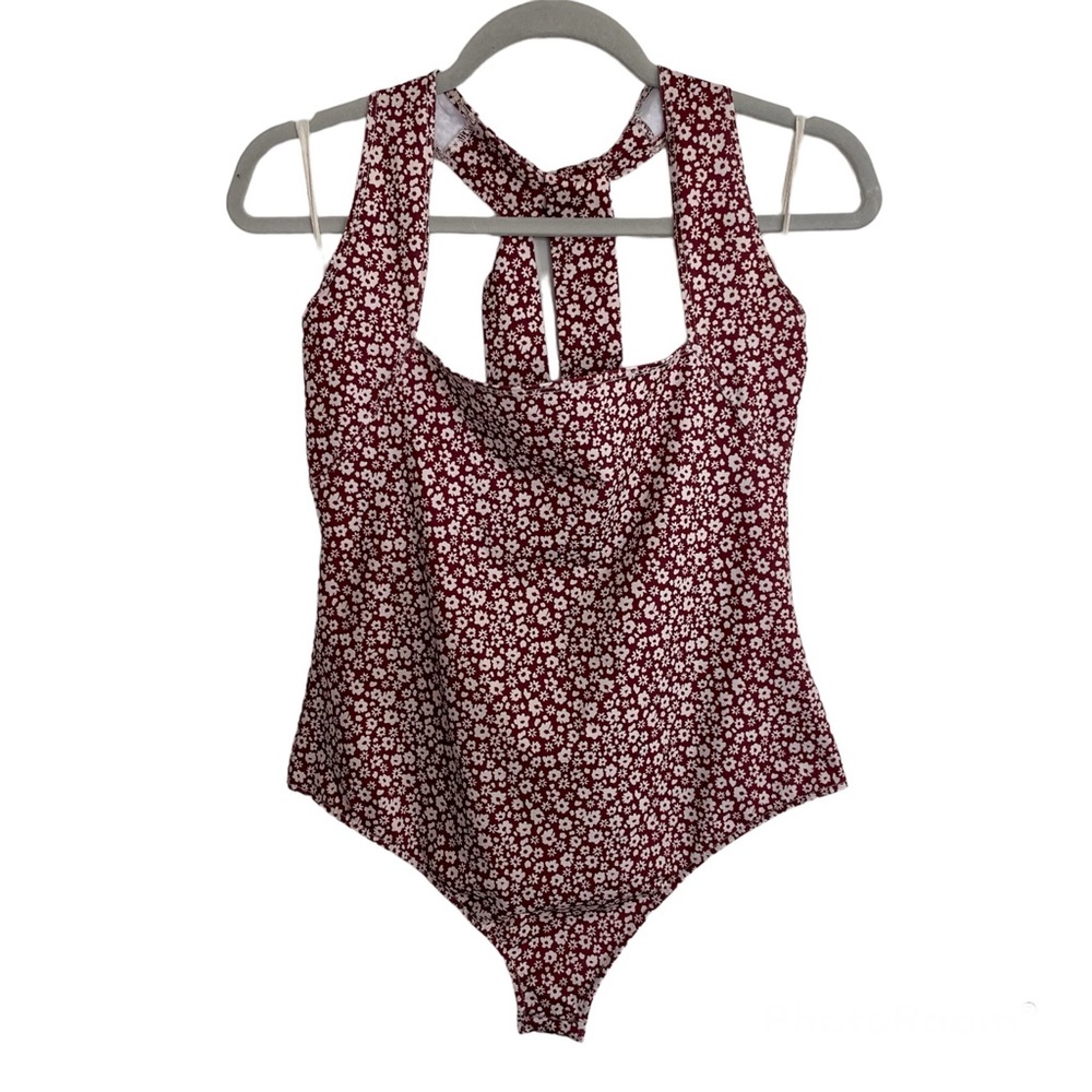 Free People Red Floral Halter Bodysuit